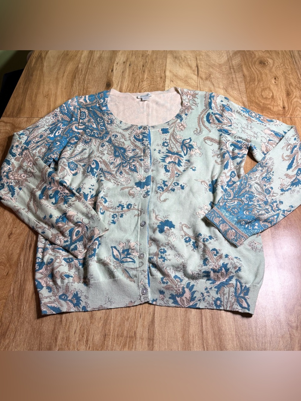 Sundance Green Blue Paisley Knit Cardigan Sweater Womens Size Large Full Button